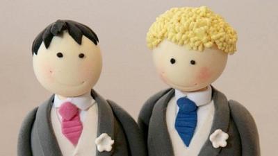 Sugarpaste civil partnership cake toppers showing two grooms