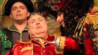 Matt Brown, Russell Grant and Steven Serlin in Peter Pan at the Aylesbury Waterside Theatre