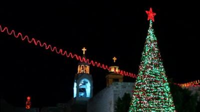 Christmas tree and decorations in Manger Square, Bethlehem