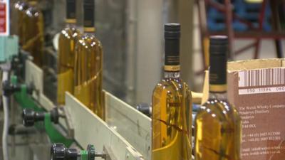 Penderyn whisky bottles on production line