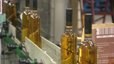 Penderyn whisky bottles on production line