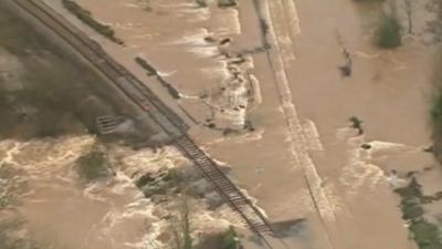 Aerial view of flooded railway lines