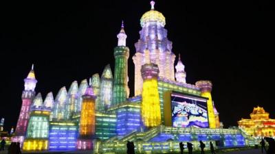 Giant crystal palace ice sculpture