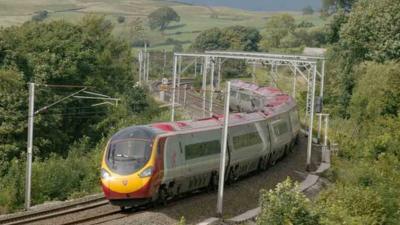 A train running on an electrified track