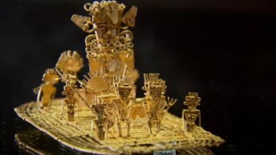 The gold art work known as the Muisca Raft on display at the Gold Museum in Bogota, Colombia