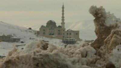 Snow surrounds a mosque in Lebanon