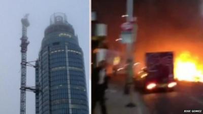 Top of building and fire at street level