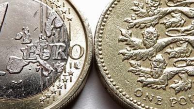 one euro coin and a one pound coin