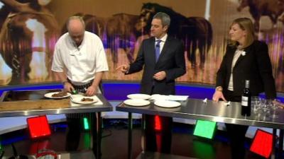 Chef Henry Harris cooks horse steak watched by Gavin Esler and food critic Rose Prince