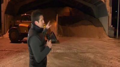 BBC reporter Jordan Davies at a council gritting yard