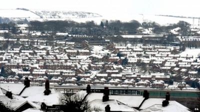 Snow covered rooftops over Blaydon in Newcastle