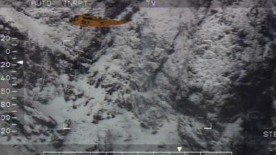 Seaking helicopter from RAF Valley in a rescue operation at Devil's Kitchen in Ogwen Valley, Snowdonia