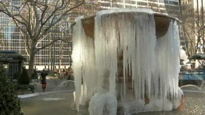 Partially frozen fountain in Bryant Park