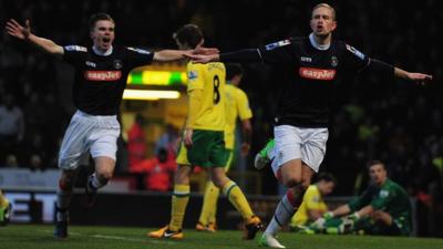 Luton's Scott Rendell celebrates his goal against Norwich