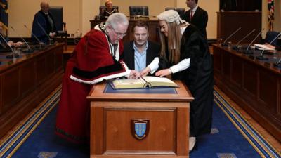 Liam Neeson receiving the Freedom of the Borough