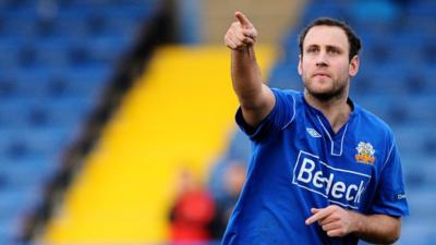 Guy Bates celebrates scoring against Dungannon Swifts