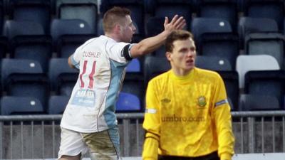 David Cushley celebrates scoring the equaliser against Linfield