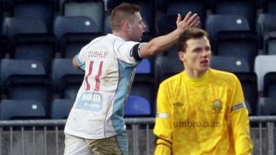 David Cushley celebrates scoring the equaliser against Linfield