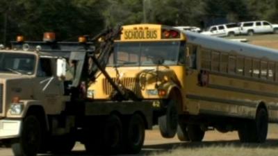 School bus being towed