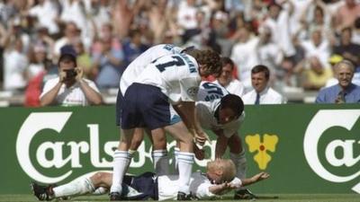 Paul Gascoigne celebrates scoring England's second goal in the England v Scotland match in the European Football Championships at Wembley in June 1996.