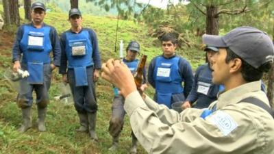 Colombian civilians receiving training in safe landmine disposal