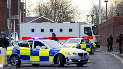 Police van arrives at Preston Crown Court