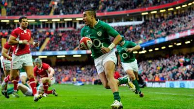 Simon Zebo charges over the line to score for Ireland against Wales