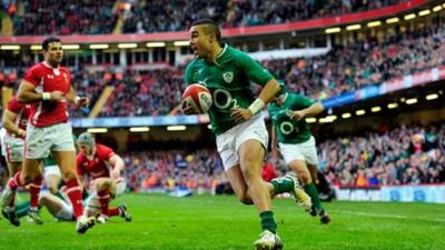 Simon Zebo charges over the line to score for Ireland against Wales