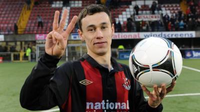 Paul Heatley celebrates scoring a hat-trick against Glenavon