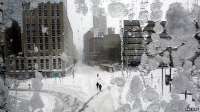 Snow covered streets in Copley Square during a blizzard in Boston, Massachusetts