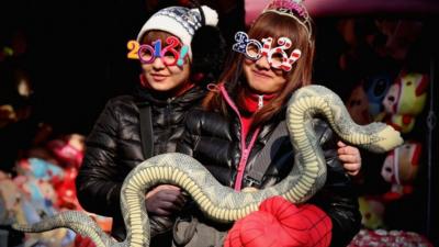 Vendors with a toy snake in Beijing, 9 February