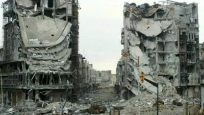 Heavily shelled buildings in Baba Amr district of Homs, Syria