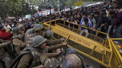 Protesters confront police after the death of a gang rape victim in India. Dec. 30, 2012