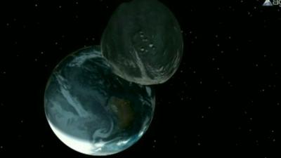 Computer generated image of the Earth and asteroid