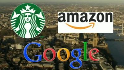 Logos for Starbucks, Amazon and Google, all accused of avoiding paying tax in the UK