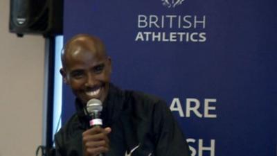 Mo Farah taking questions from schoolchildren in Birmingham