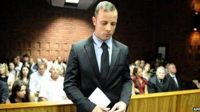 South African sprinter Oscar Pistorius on Wednesday, the second day of his bail hearing, in Pretoria, South Africa