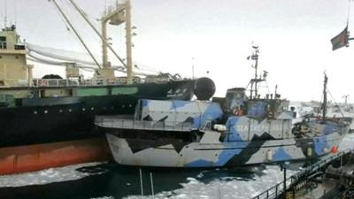 Japanese factory ship (left) and anti-whaling boat clash at sea