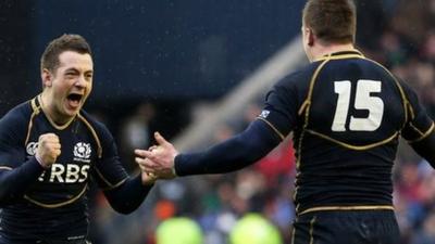 Greig Laidlaw celebrates Scotland's victory at Murrayfield