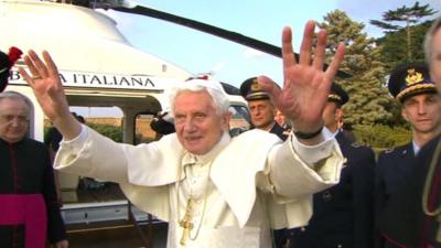 Pope Benedict XVI waving goodbye