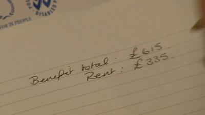 Notebook showing benefits and rent totals