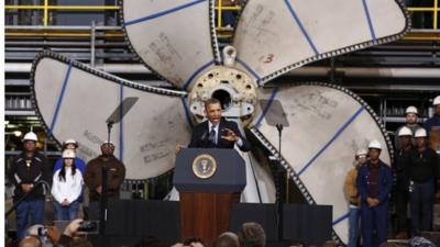 President Barack Obama speaks at Newport News Shipbuilding in Newport News, Virginia