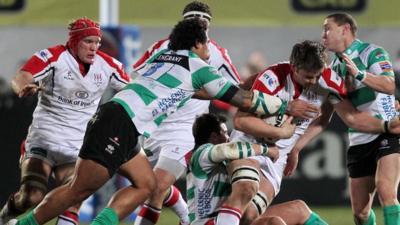 Match action from Ulster against Treviso at Ravenhill