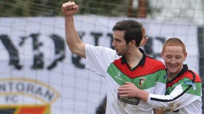 Glentoran's Andrew Waterworth celebrates his goal against Knockbreda