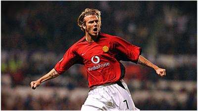 David Beckham celebrates his first goal for Manchester United against Real Madrid, April 2003