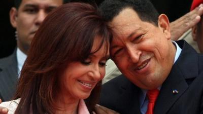 Venezuelan President Hugo Chavez embraces his Argentine counterpart Cristina Fernandez de Kirchner in March 2008