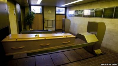 Coffin inside a crematorium