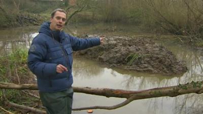 The BBC's Duncan Kennedy at the water vole habitat on the River Brit at Bridport