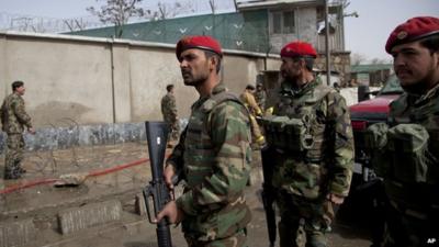 Afghan army soldiers at blast site