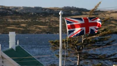 Union jack flying in Port Stanley